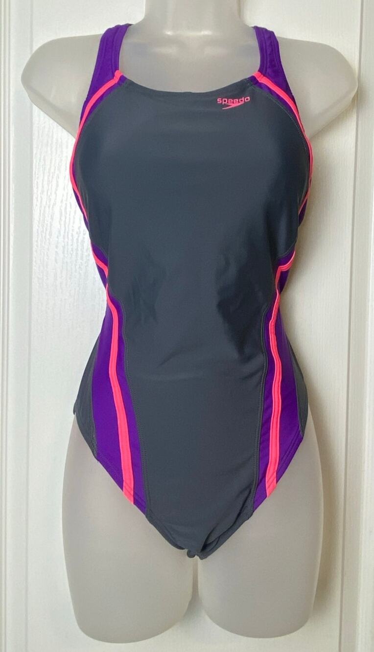 Speedo PowerFlex Eco Black Purple Pink Striped Open Back Swimsuit Women's Size 8